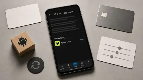 Android phone showing Google Play's Aptoide Games listing beside five unlabeled verification objects
