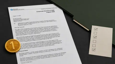 A gold USD1 coin rests at a closed divider above OCC Corporate Decision 1385 and an unfinished checklist.