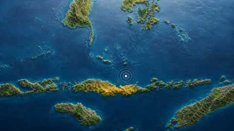 A source-grounded topographic view of Flores and nearby Indonesian islands with the offshore earthquake zone emphasized