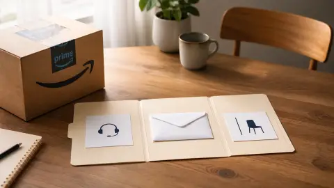 An Amazon package beside an open dispute file organized into three stages on a household desk
