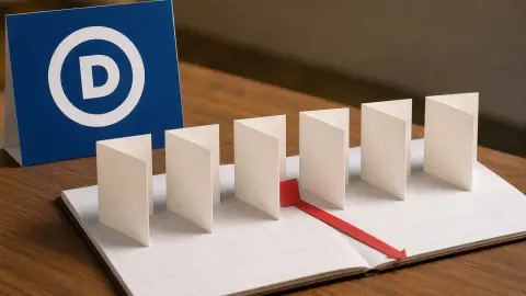 Six ballot folders arranged in sequence beside a Democratic National Committee placard, with one red marker crossing ahead of the line.