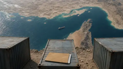 Editorial composite of the Strait of Hormuz satellite view framed by cargo containers and a paused merchant vessel.