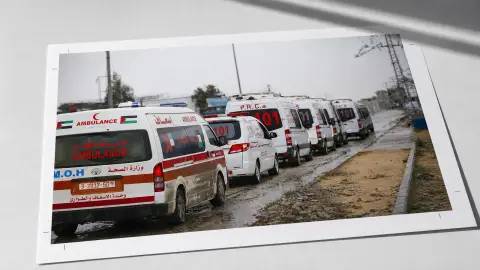 Palestinian Red Crescent ambulances at Rafah crossing shown in a source-grounded editorial evidence-review treatment