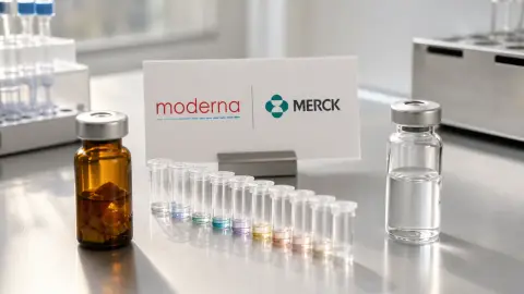 An editorial laboratory still life links one tumor sample to an individualized treatment vial beside recognizable Moderna and Merck identities.