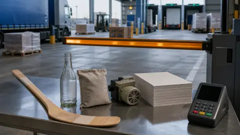 Selected trade goods sit at an amber freight-inspection barrier while other cargo lanes remain open in the background.