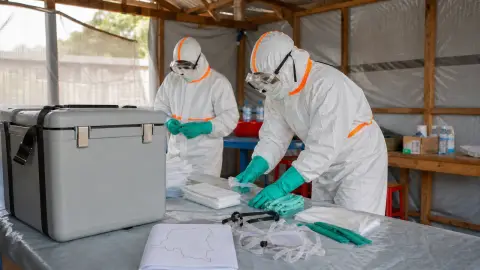 A cold-chain carrier and protective gear staged in a Democratic Republic of the Congo Ebola treatment setting