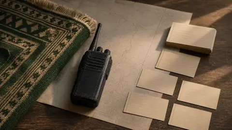 A prayer rug edge, field radio and separated blank tally cards arranged on a rescue-planning table.