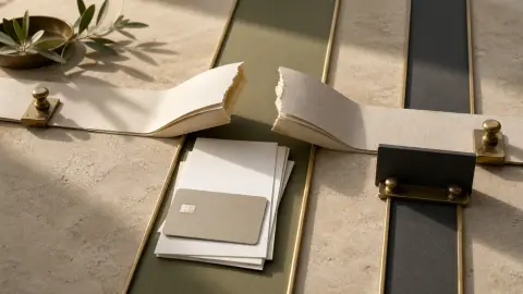 An opened paper barrier lets a payment card and blank trade documents pass while a separate side lane remains blocked.