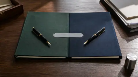 Two contrasting agreement folders, fountain pens and a review tab arranged beside a brushed metal sample.