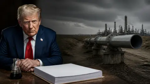 A source-grounded editorial composition of Donald Trump beside heavy crude, blank contract papers and an interrupted pipeline.