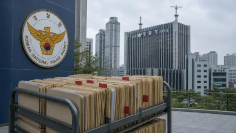 A source-grounded view of the National Police Agency headquarters behind an archive cart of closed files marked for review.
