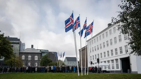 Icelandic flags rise above a referendum-day crowd in a Reykjavík civic square