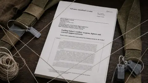 The United Nations Sudan fact-finding report on a desk with unmarked cargo seals, transport straps and crossing route threads