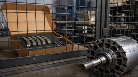 Staged editorial image of magnet components behind a dispatch cage beside an unfinished motor, illustrating a supply bottleneck.