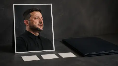 AI photo illustration using a source-grounded portrait of Volodymyr Zelenskyy beside three blank day tiles and a closed diplomatic folder.