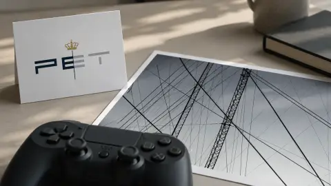 AI photo illustration pairing PET’s verified identity with a game controller and an infrastructure photo print to represent reported online recruitment for reconnaissance.