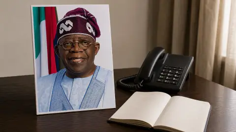 AI photo illustration of a source-grounded Bola Tinubu portrait beside a telephone and blank accounting notebook, representing families awaiting rescue updates.