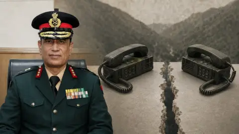 Lieutenant General Girish Kalia beside two separated field telephones in an editorial treatment of the new India-China border channel.