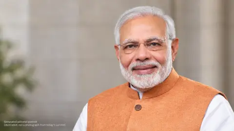 AI-generated editorial portrait of Indian Prime Minister Narendra Modi, based on an official visual reference.